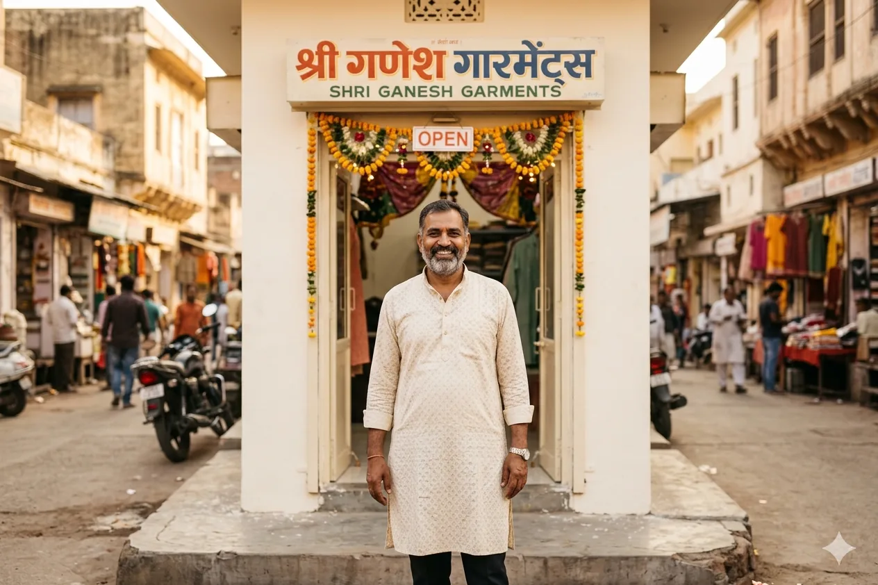 A proud shop owner outside his freshly opened, garlanded store